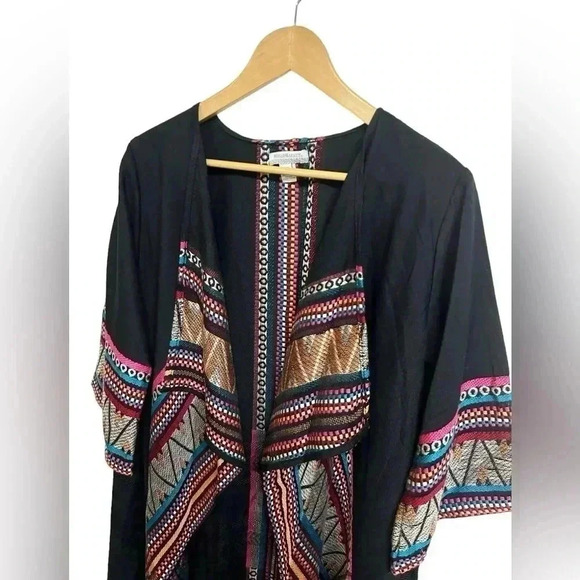 World Market Bohemian Embroidered Long Open Front Kimono Duster Aztec One Size - Picture 3 of 10